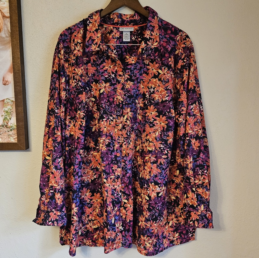 Catherines Womens Shirt 3X Plus Floral Orange Purple 100% Cotton Button Up